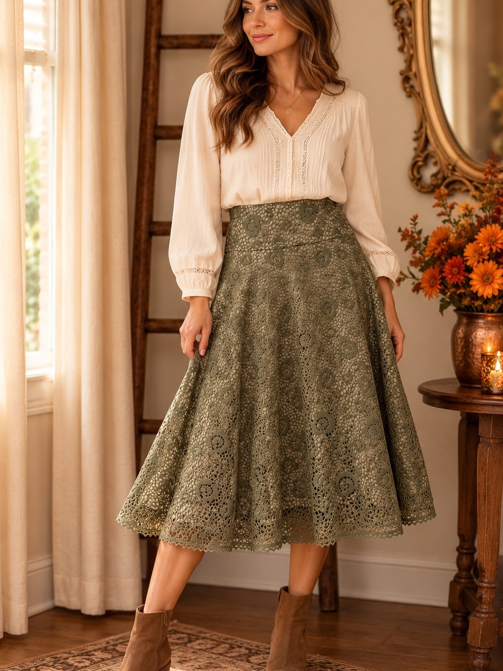 Olive Green Floral Lace Midi Skirt Boho Romantic Festival Events